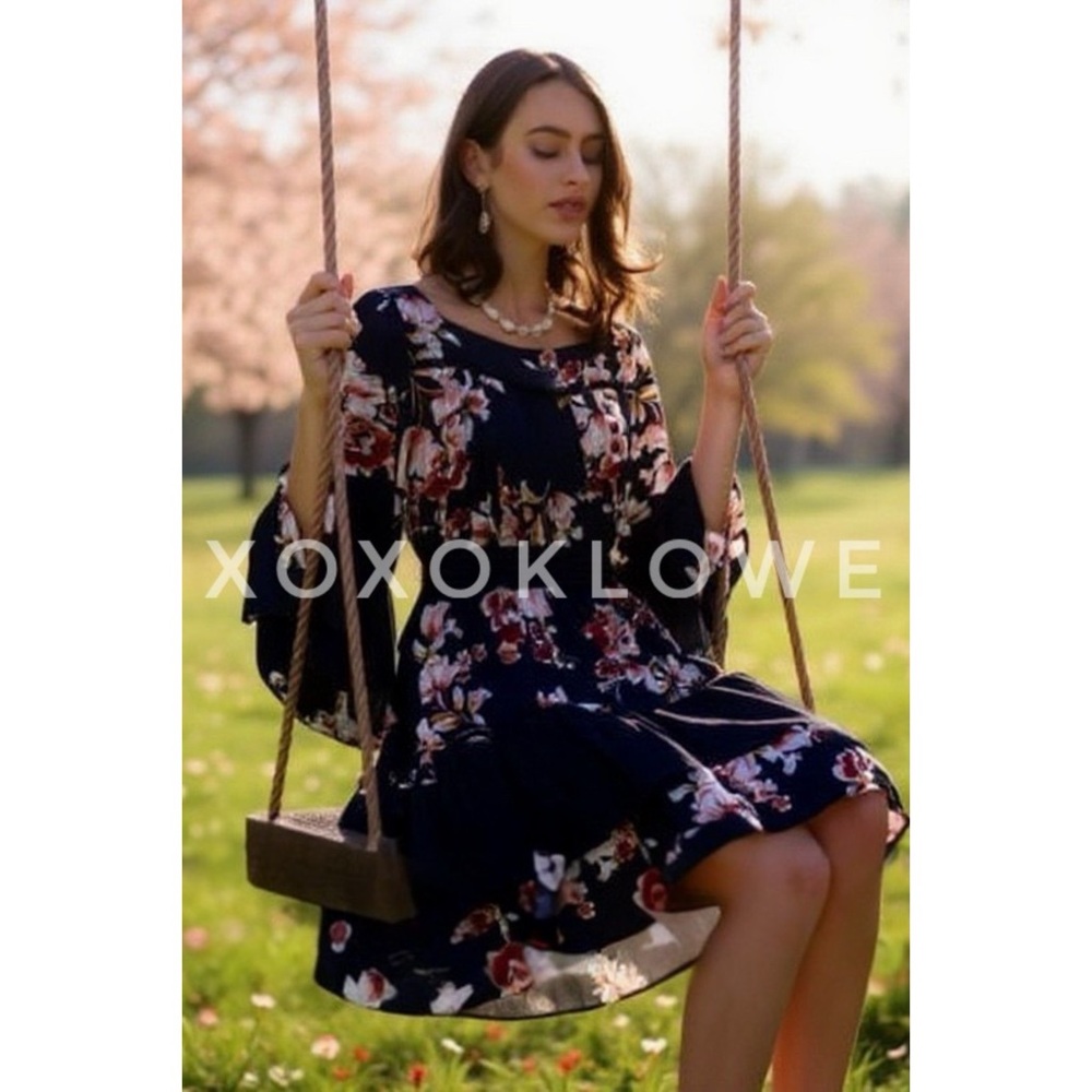 POL Navy Floral Print Dress | Long Sleeve Tie Waist Mini | Romantic Boho Chic